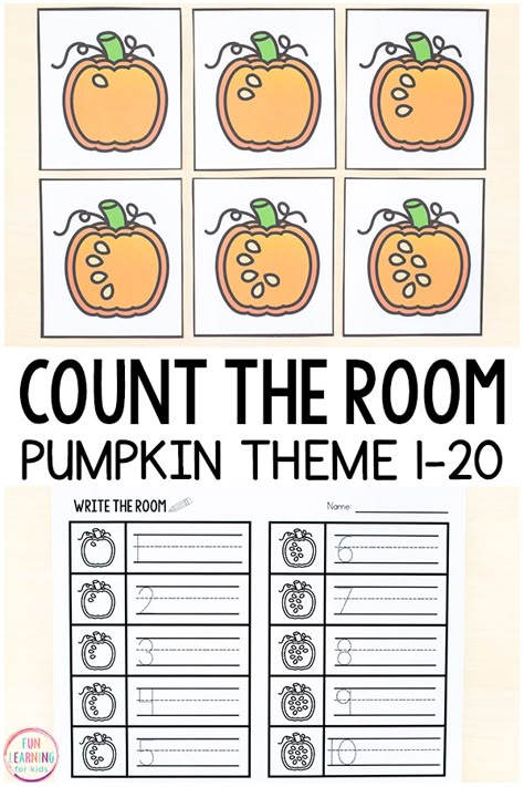 This pumpkin theme count the room activity is a fun way to learn numbers 1-20 and practice counting in preschool and kindergarten. This is perfect for fall math centers or pumpkin theme math centers! Roll It Write It Count It, Kindergarten Pumpkin Investigation, Fall Math Counting Activities, Fall Themed Kindergarten Activities, Pumpkin Math Activities Kindergarten, October Math Centers Kindergarten, Fall Kindergarten Centres, Independent Kindergarten Centers, Pumpkin Centers Kindergarten