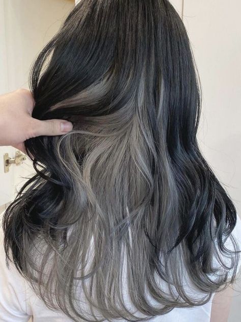 Hair color ideas Black And Ashy Hair, Grey Highlights In Black Hair, Black Hair With Coloured Highlights, Grey Black Hair, Black Hair With Grey Highlights, Ashy Hair, Ideas For Black Hair, Long Hair Highlights, Short Hair Highlights