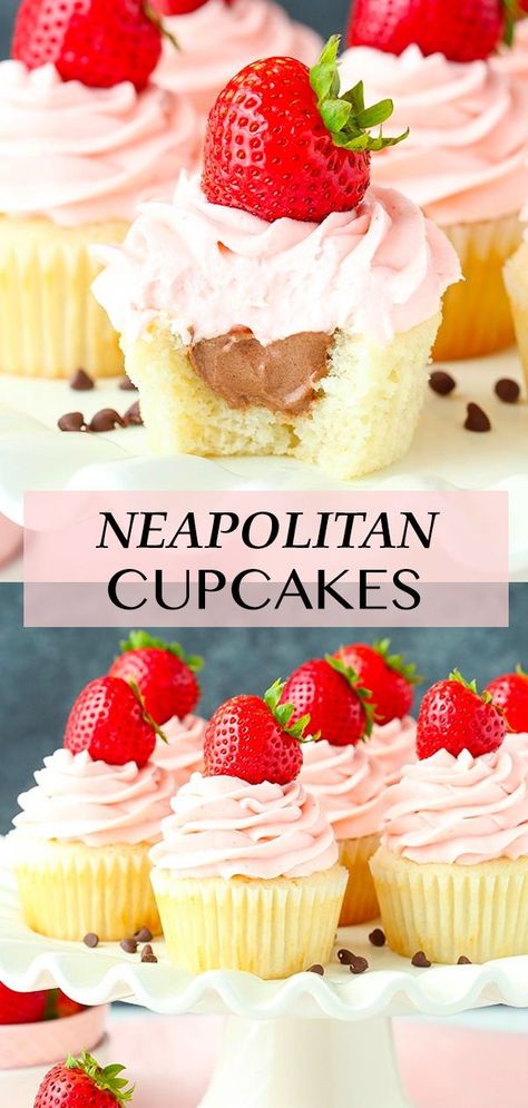 These Neapolitan Cupcakes are made with a vanilla cupcake, chocolate mousse filling and strawberry frosting! The flavors are so perfectly balanced – I love them! Neopolitan Cupcakes, Neapolitan Cupcakes, Muffins Decoration, Chocolate Mousse Filling, Mousse Filling, Frosting Chocolate, Cupcake Chocolate, Pretty Cupcakes, Strawberry Frosting