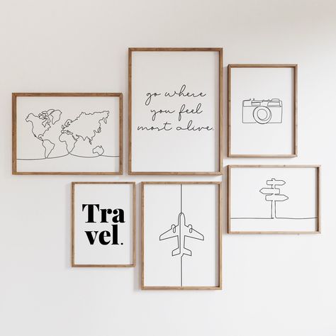 Travel Wall Art Ideas, Travel Room Aesthetic, Black And White Art Wall, Painting Wall Collage, Travel Aesthetic Room, Travel Picture Wall, Travel Line Art, Posters Black And White, Travel Room Decor