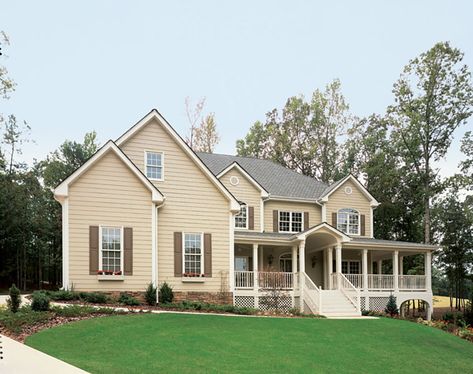 7 Stunning Siding and Shutter Color Combinations to Consider | Allura USA Tan House Black Shutters, Cream House Exterior, Tan House Exterior, Addition Over Garage, Cream Colored Houses, Fiber Cement Lap Siding, Yellow House Exterior, Home Exterior Colors, Shared House