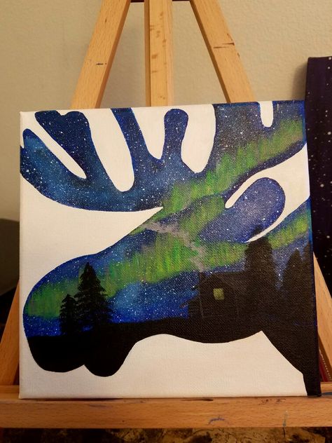 Moose Acrylic Painting Easy, Easy Moose Painting, Silhouette Acrylic Painting, Alaska Painting, Moose Painting, Moose Pictures, Art Parties, Kids Painting Party, Painted Pictures