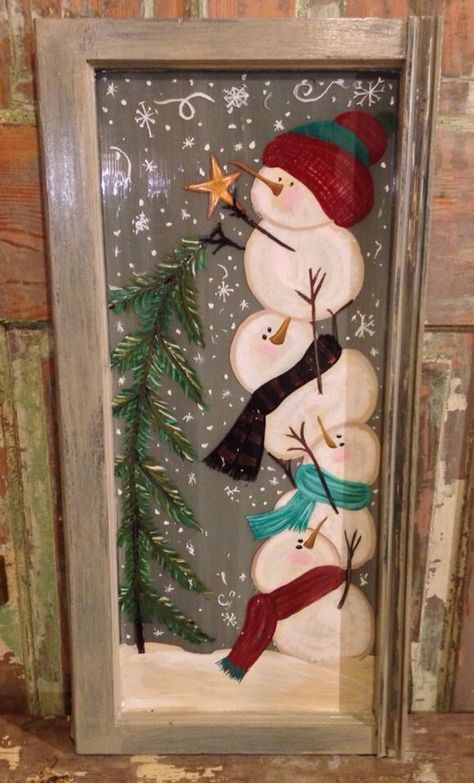 Snowmen painted on old window. Christmas Window Decoration, Window Crafts, Snowman Painting, Christmas Window, Window Art, Window Painting, Noel Christmas, Christmas Paintings, Winter Crafts