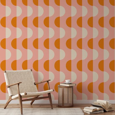 Donna - Pink and Orange Mid Century Wallpaper Orange Living Room Palette, Bold Geometric Pattern, Temp Wallpaper, Mid Century Accent Wall, Mcm Wallpaper, Midcentury Wallpaper, Orange Peel Wall Texture, Wall Blush, Mid Century Wallpaper