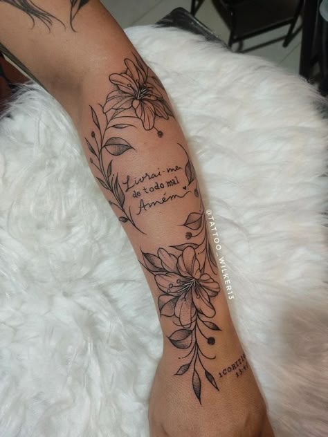 Women’s Arm Tattoos, Arm Lettering Tattoo, Flowers Arm Tattoo, Front Forearm Tattoo, Word Tattoos On Arm, Girly Hand Tattoos, Types Of Tattoos, Lower Arm Tattoos, Half Sleeve Tattoos Forearm