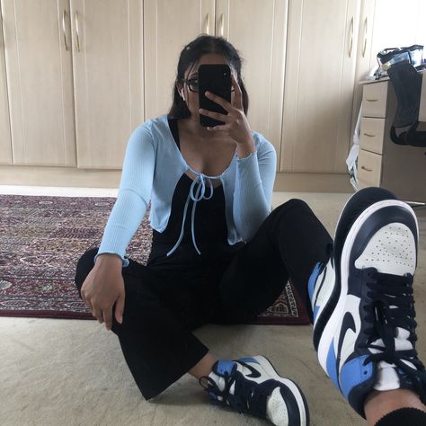 Blue cardigan and jordan obsidians Blue Nikes Outfit, Jordan 1 Blue Outfit Women, Blue Jordans Outfit Women, Jordan Obsidian Outfit, Obsidian Jordan 1 Outfit, Air Jordan 1 Obsidian Outfit, Blue Jordan 1 Outfit, Jordan 1 Obsidian Outfit Women, Jordan 1 Obsidian Outfit