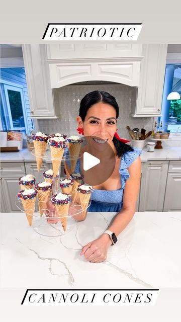 Carla Bushey - Always keepin’ it real on Instagram: "Comment the word CONE and I’ll send you the links of tools I used to make this! . These cannoli cones are always a great and easy dessert for any party, so I wanted to share a patriotic style with you! Make sure you save this recipe, and follow for more! Cannoli Cones: • 18 sugar cones  • 1-15oz tub of ricotta cheese (whole milk) • 1-8oz tub of mascarpone cheese • 2 tsp of vanilla extract • 1.5 cups of powdered sugar • zest of one orange  • 1 cup of mini chocolate chips  • Chocolate to dip cones and festive sprinkles  Mix both cheeses in the mixer until smooth, add powdered sugar, vanilla extract and orange zest. Mix again until well combined. Fold in mini chocolate chips. Dip cones in chocolate and pass them through sprinkles and let th Cannoli Cones, Carla Bushey, Chips Dip, Cannoli Recipe, Sugar Cones, Patriotic Fashion, Mascarpone Cheese, Summer Food, Orange Zest