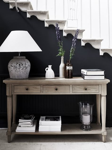 Henley console table neptune.com-dark wall in back Hall Table Decor, تحت الدرج, Console Table Design, Oak Console Table, Console Table Decorating, Hall Ideas, Hallway Console, Casa Country, Entrance Table