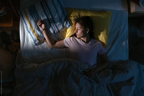 Woman Sleeping In Bed, Bed Top View, Rain At Night, Sleeping Pose, Woman Sleeping, Bed Scene, Sleeping Man, Bedroom Scene, Bed At Night