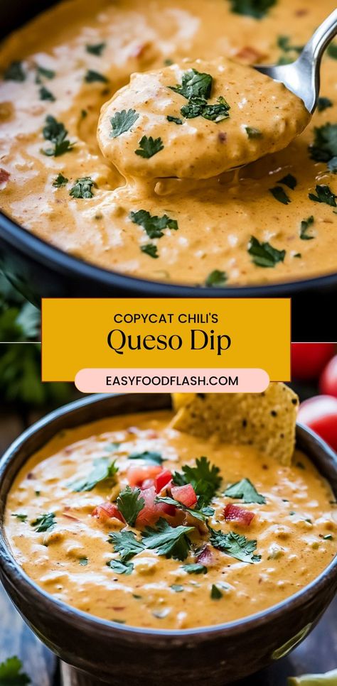 This creamy, flavorful queso dip is a perfect copycat of the popular Chili’s dip. Made with Velveeta cheese, no-bean chili, and a variety of spices, it’s a crowd-pleasing snack for game days and parties. Serve it with tortilla chips and optional garnishes like chopped onions and cilantro. Velveeta Chili Cheese Dip, Velveeta Dip, Queso Dip Velveeta, Chili Queso Dip, Velveeta Cheese Dip, Copycat Chili, Queso Cheese Dip, Velveeta Queso, Chili Cheese Dips