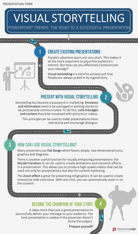 The road to sucessful presentations: Visual Storytelling! This trend helps you giving better speeches and design better presentations. PowerPoint 2019 have many options for implementing this method like the morph effect. #presentation #business #powerpoint #trends #visual #storytelling Story Telling Presentation, Visual Presentation, Elevator Pitch, Public Speaking Tips, Digital Communication, Best Speeches, Presentation Skills, Good Presentation, Instructional Design