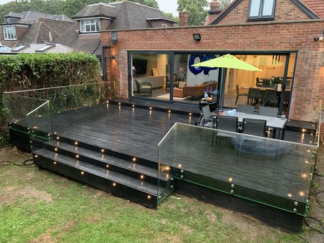 Raised Patio With Railings, Balustrade Ideas Outdoor Balconies, Garden Railings Ideas, Garden Balustrade Ideas, Decking Balustrade Ideas, Glass Balustrade Outdoor, Balustrade Ideas Outdoor, Backyard Decking Ideas, Patio Balustrade Ideas