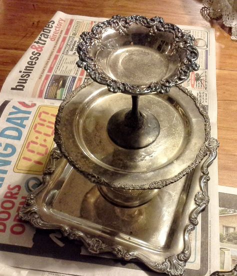 Silver Platter Repurpose, What To Do With Silver Plated Trays, Repurposed Silver Serving Pieces, Upcycle Silver Tea Set, Doughnut Tower, Silver Plate Decor, Silver Tray Decor, Silver Penny, Silver Display