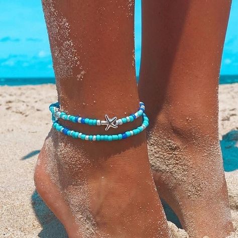 Beads Anklet, Blue Anklet, قلادات متدلية, Surfer Jewelry, Beaded Anklet, Bracelets Handmade Diy, Beaded Necklace Designs, Bead Charms Diy, Beaded Necklace Diy