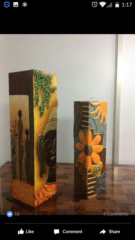 Arts And Crafts Storage, Vase Painting, Lippan Art, Clay Wall Art, Vase Crafts, Pottery Painting Designs, Cardboard Art, Glass Bottle Crafts, Art N Craft