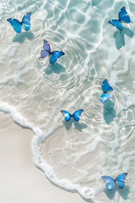 Affiche Papillons bleus sur une vague de mer N° f39228 - acheter dans la boutique en ligne Uwalls Pretty Beach Aesthetic, Vibes Azul, Cute Pictures For Your Room, Love Blue Aesthetic, Papillon Aesthetic, Background Love, Bleu Clair Aesthetic, Photos Bleu, Blue Buterfluffy Wallpaper