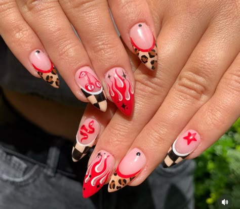 Spicy Nails Ideas, Red Animal Print Nail Designs, Cute Acrylic Nails Western, Nashville Bachelorette Nails Ideas, Punchy Valentines Nails, Misfit Nails, Valentines Cow Print Nails, Bold Red Nails, Nails Gel X Designs