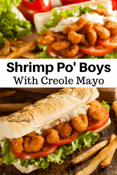 Crispy fried shrimp are topped with a homemade Creole Mayo and served on a lettuce and tomato lined hoagie roll. These Shrimp Po' Boys are so delicious. #ShrimpPoBoys #SeafoodRecipe #ShrimpRecipe Poboy Sandwich, Shrimp Po Boy Recipe, Crispy Fried Shrimp, Smoked Shrimp, Shrimp Sandwich, Shrimp Po Boy, Cajun Dishes, Super Bowl Commercials, Deep Fried Food