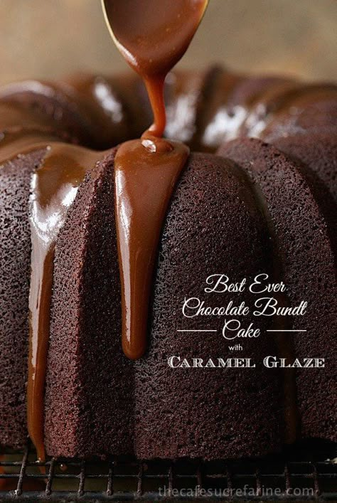 Best Ever Chocolate Bundt Cake with Caramel Glaze - this rich, decadent cake is super easy to throw together, no mixer necessary! It has a few fun secret ingredients too, but don't worry, no anchovies or anything weird like that! Recipe Developer, Cake With Caramel, Caramel Icing, Chocolate Bundt, Caramel Glaze, Chocolate Bundt Cake, Decadent Cakes, Bundt Cakes Recipes, Savoury Cake