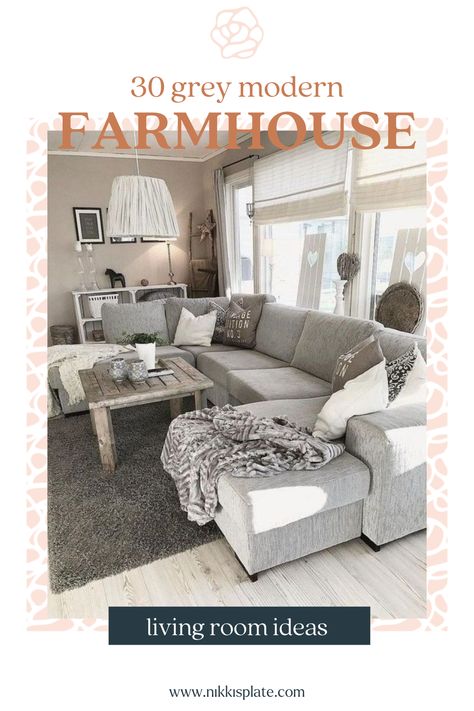 Modern Farmhouse Couch Ideas, French Country Couch Living Room, Farmhouse Gray Couch Living Room, Farmhouse Living Room With Grey Flooring, Farmhouse Living Room With Sectional Couch, Sectional Living Room Layout Farmhouse, Grey Farmhouse Living Room Ideas, Grey And White Farmhouse Living Room, Light Grey Living Room Furniture