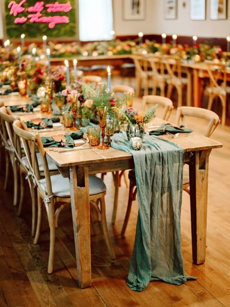 Glass Wedding Table Decorations, Glass Table Decor Wedding, Wedding Tables No Tablecloth, Moss Green Table Cloth Wedding, Sage Green Boho Wedding Table Decor, Green Cheese Cloth Table Runner Wedding, Green Gauze Table Runner Wedding, Banquet Wedding Table Decor, Sage Green Runner Wedding Table