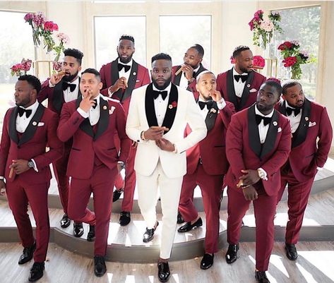 Ozna Weddings + Events on Instagram: “The groom & his squad! giving us groomsmen inspiration👌🔥 . 📸 @parisaudreyphotography . . Follow @oznaevents • Double tap if you 💕ing this…” Tuxedo Wedding Groomsmen, Black People Weddings, White Tuxedo Wedding, Crimson Wedding, Groom And Groomsmen Suits, Old Hollywood Wedding, Red And White Weddings, Red Wedding Theme, Maroon Wedding