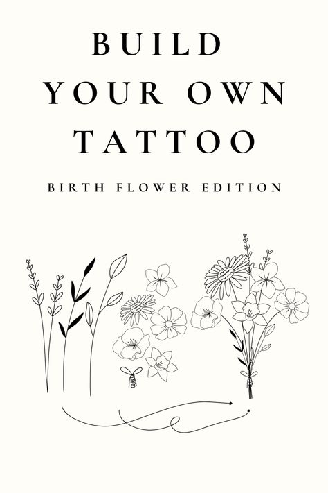 Birth flower tattoo designs for women with floral illustrations and dainty One Line Birth Flower Tattoo, Custom Birth Flower Tattoo, Birth Flower Tattoos Family, August And October Flower Tattoo, Bouquet With Bow Tattoo, Unique Family Tattoo Ideas, July Tattoo Ideas Birth Flower, Fine Line Birth Month Flower Tattoo, Birth Flower Tattoos Ideas Families Arm