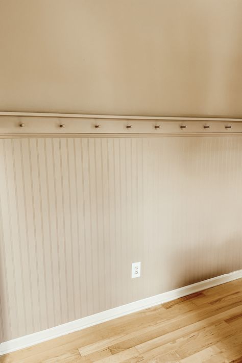 Boarded Accent Wall, Pine Beadboard Walls, Picture Ledge Trim, How To Beadboard Walls, Bead Board And Batten Wall, Cottage Wall Paint, Paneling Nursery Wall, Beadboard Mudroom Ideas, Beadboard And Wallpaper Accent Wall