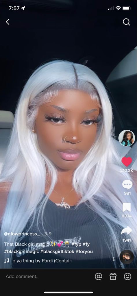 White Hair On Dark Skin, Platinum White Hair On Black Women, Platinum White Hair Silver Icy Blonde, White Wig Black Women, Dark Skin With White Hair, Grey Wig On Dark Skin, White Hair On Black Women, Storm Hair Color, Silver Hair On Dark Skin