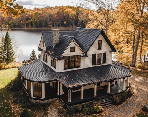 House With Wrap Around Porch Aesthetic, Black Farmhouse With Wrap Around Porch, Half Wrap Around Porch, Modern Farmhouse With Wrap Around Porch, Salvatore House, Farmhouse With Wrap Around Porch, House Wrap Around Porch, Modern Home Exterior, Cabin Vibes