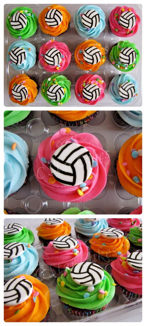 Volleyball Cupcakes by C Star Cakes #cstarcakes Volleyball Birthday Party Ideas Decoration, Volleyball Cupcakes Ideas, Netball Cupcakes, Volleyball Desserts, Volleyball Cake Ideas, Volleyball Cake Pops, Volleyball Birthday Cakes, Volleyball Cupcakes, Volleyball Snacks