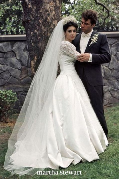 Poor Connie Corleone (Talia Shire)'s wedding day marked the beginning of a violent marriage, but still, the only daughter of Don Vito certainly was stunning in her long-sleeve A-line gown with trailing veil. #weddingideas #wedding #marthstewartwedding #weddingplanning #weddingchecklist Godfather 1, Movie Wedding Dresses, Sicilian Wedding, Don Vito Corleone, Movie Wedding, Wedding Dress Costume, Royal Wedding Gowns, Royal Wedding Dresses, Tv Weddings