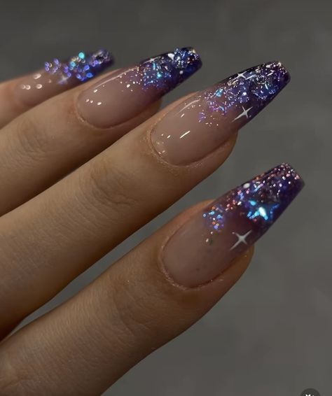 Nail Inspiration New Year, Starfall Nails, Nail Designs Space, Cateye Ombre Nail, Bejeweled Taylor Swift Nails, Purple Nails With Silver Glitter, Coffin Nail Ideas Winter, Glinda Inspired Nails, Sparkle Gradient Nails