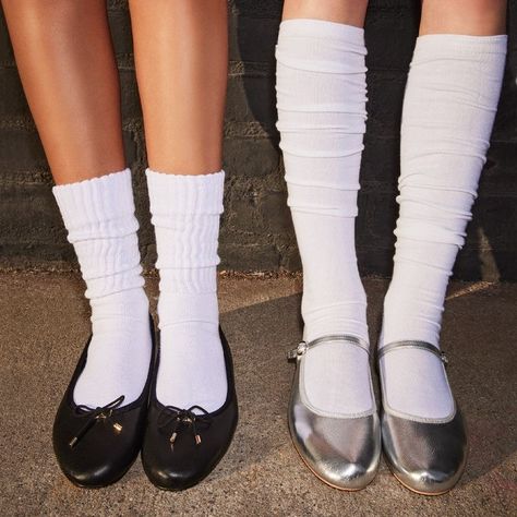 Ballet Kitten Heels, Flats With Bows, Ballet Flat Aesthetic, Ballet Flats Aesthetic Outfit, Ballet Flats With Socks Outfit, Steve Madden Aesthetic, Metallic Flats Outfit, Socks And Flats, Ballet Flats With Socks