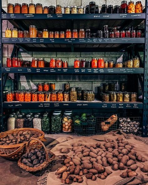 Stocked Pantry Aesthetic, Skullery Kitchen, Canning Organization, Farm Pantry, Garden Potatoes, Root Cellar Storage, Storing Food Long Term, Root Cellars, Food Storage Rooms