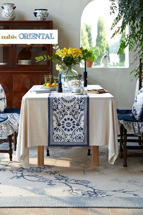 Blue and Pearl White Porcelain Pattern Table Runner, Fall Decor - Custom Size Table Centerpiece Porcelain Pattern, Coffee Table Runner, Sweetheart Table Decor, Thread Tassels, Fabric Table Runner, Layered Fabric, Printing Fabric, White Throw Pillows, Table Runners Wedding