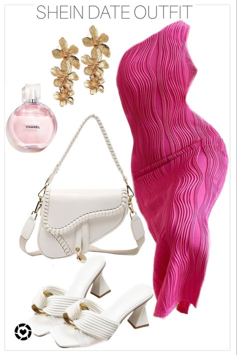 Pink dress outfit Birthday Party Looks Outfit, Shein Style Outfits, Shein Dinner Outfits, Shein Pink Outfits, Shein Outfits Pink, Pink Date Outfit, Shein Dress Outfit Ideas, Shein Outfits Dresses, Pink Vacation Outfits