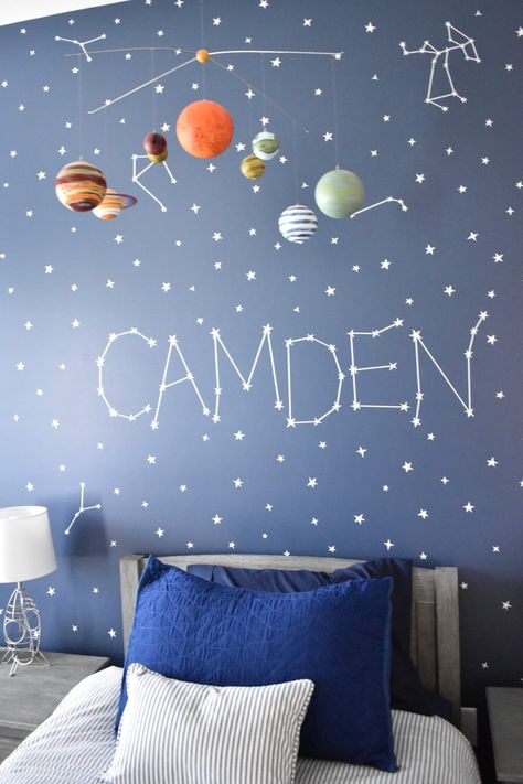 fun Kids Space Room, Boys Space Bedroom, Space Mural, Space Kids Room, Cozy Baby Room, Space Themed Bedroom, Space Themed Room, Bedroom Reveal, Diy Space