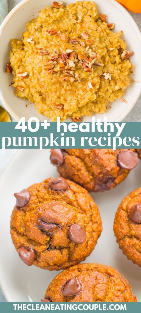 Get ready for fall with these 30 Healthy Pumpkin Recipes! From breakfast to dinner, desserts + snacks, we've got you covered with delicious clean eating recipes! Many of these recipes are low calories, easy to make, gluten free, have no sugar and are high in protein! Great for kids or adults - my favorite are the pumpkin muffins but there are even savory pumpkin recipes! Healthy Pumpkin Recipes Low Calories, Pumpkin Pie Protein Shake, Healthy Pumpkin Recipes, Paleo Pumpkin Spice, Pumpkin Breakfast Cookies, Healthy Pumpkin Dessert, Pumpkin Breakfast Recipes, Gluten Free Pumpkin Spice, Vegan Pumpkin Soup