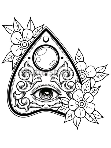 Ouija Board Drawing, Oujia Board Tattoos, Halloween Pyrography, Planchette Drawing, Planchette Tattoo Design, Ouija Board Tattoo, Apprenticeship Portfolio, Pluto Tattoo, Planchette Tattoo