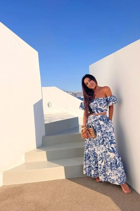 We are soaking up every single minute of this magical place! This gorgeous blue and white skirt set was a favorite of mine on the trip. If you're looking for Santorini outfit ideas or Santorini fashion, click the link to shop! And don't forget to check out the rest of my LTK feed to shop what I wore in Greece! Santorini Holiday Outfits, Blue White Dress Outfit, Outfit For Greece Vacations, Greece Outfit Ideas Women, Outfits Ideas For Greece, White Head Band Outfit, Milos Greece Outfit, Greek Night Outfit, Holiday In Greece Outfits