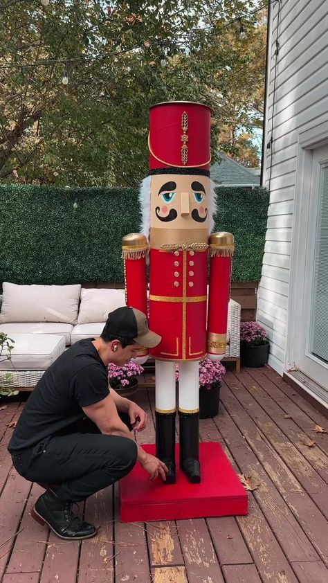 Life Size Nutcracker Soldiers Diy, Life Sized Nutcracker Diy, Diy Wooden Nutcracker Soldier Outdoor, Porch Nutcracker Diy, Nutcracker Themed Christmas Decor Ideas, Big Nutcrackers Diy, Diy Nutcracker Drum, Diy Toy Soldier Christmas, Lifesize Nutcracker Diy