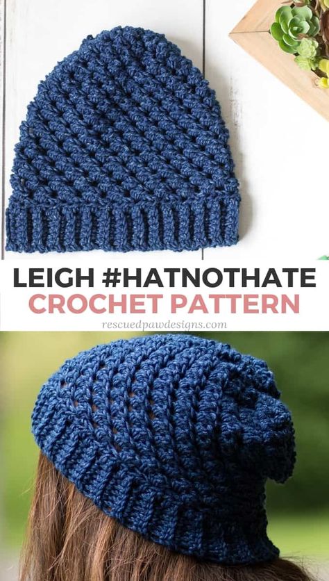 Make the Leigh Crochet Hat Pattern today to support the HatnotHate charity by Lion Brand Yarn. Free Crochet Hat Pattern Hatnothate Patterns, Easy Crochet Patterns For Beginners, All Free Crochet Patterns, Easy Crochet Hat, Crochet Gift Ideas, Crochet Headbands, Crochet Hat Patterns, Crochet Knit Hat, Crochet Beanies