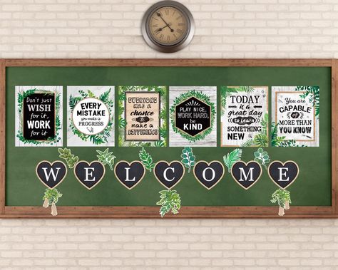 PRICES MAY VARY. What you can get: You'll recieve 13PCS simply boho motivational posters,includes 7 letters of W-E-L-C-O-M-E, 6 pieces quote posters.Also, we provide 60pcs glue points to help you to put theme onto wall easily. Teaching function: the classroom inspirational poster set has motivational quotes and chic green leaves patterns that help the students to enhance a positive attitude; Providing a delightful visual reference for early learners. Easy to use: each sheet of classroom poster i Green Theme Classroom Decoration, Green Board Decoration Ideas For School, Green Bulletin Board Ideas, Green Themed Classroom, Eucalyptus Bulletin Board, Jungle Library, Green Classroom Decor, Office Bulletin Board Ideas, Office Bulletin Board