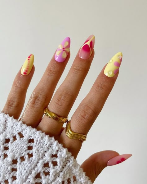 These nails feature a vibrant mix of pink and yellow hues with playful polka dots and floral designs, perfect for capturing the essence of summer's bright and cheerful vibes.  🌸Click on the image to shop our trending Korean Gel Polish this season.  🌸Credit: phoebesummernails on Instagram 🌸summer nails, Korean gel polish, floral nails, polka dot nails, bright nails, pink and yellow nails, trendy nail art, summer manicure, gel nail polish, colorful nails, nail trends 2024, summer nail ideas, vibrant nails, fun nail designs, summer nail art, stylish nails, summer nail inspiration, gel polish designs, nail art summer, trendy nails Ideas Uñas, Nail Art Inspo, Vacation Nails, Easy Nails, Nail Forms, New Nails, Yellow Nails, Nails 2024, Manicure Y Pedicure