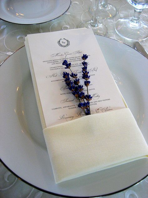 sprig of lavender tucked into the napkin - nice if we did lavender bouquets Wedding Napkin Folding, Napkins Wedding Table, Wedding Table Place Settings, Best Places To Get Married, Wedding Menus Design, Jade Wedding, Candle Wrap, What Are We, Places To Get Married