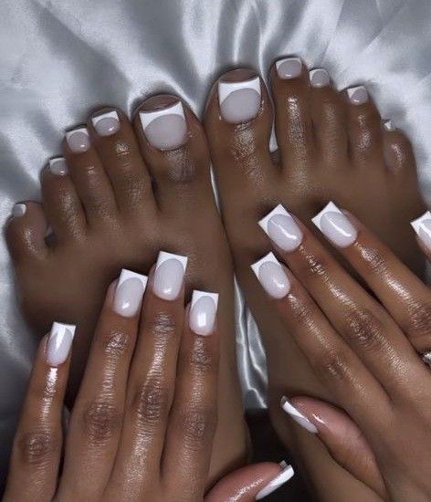 White On White French Tip Nails Toes, White Designs Acrylic Nails, Funny Bunny And White Tip Nails, Gel Manicure And Pedicure Ideas, Matching Medi Pedi, White French Tip Nails And Toes, White Toe Nail Design, French Tip Mani And Pedi, Milky White French Tip Toes