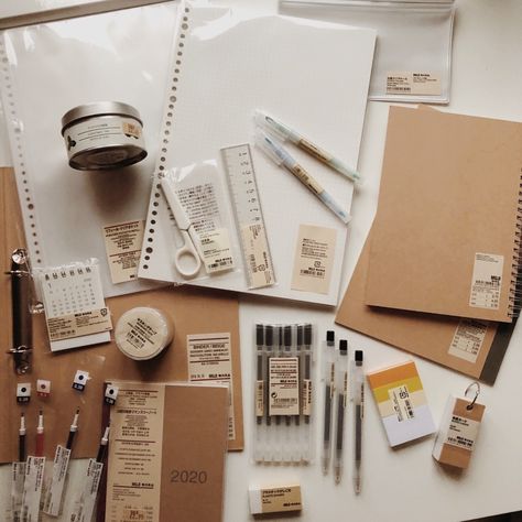 Messy Study Table, College Stationary, Muji Stationary, Muji Stationery, Studying Stationary, Cool Stationary, College Notebook, Stationery Obsession, Trying To Survive