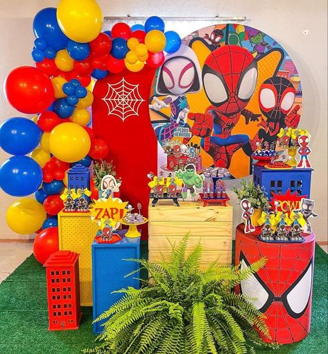 Spider And Amazing Friends Cake, Spidey And His Amazing Friends Party Decoration, Spiderman Amazing Friends Birthday Party, Spidey And Amazing Friends Party, Spidey And His Amazing Friends Birthday Centerpieces, Spidey And His Amazing Friends Birthday Party Backdrop, Spiderman And His Amazing Friends Birthday Party, Spidy Birthday Theme, Spiderman And His Amazing Friends Party