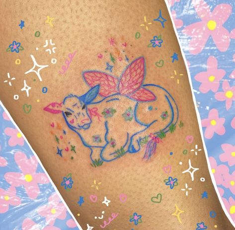 Cow With Fairy Wings Tattoo, Cow With Wings, Cute Cow Tattoo, Fairy Wings Tattoo, Fairy Wing Tattoos, Seek Discomfort, Bestie Tattoos, Cow Tattoo, Basic Tattoos